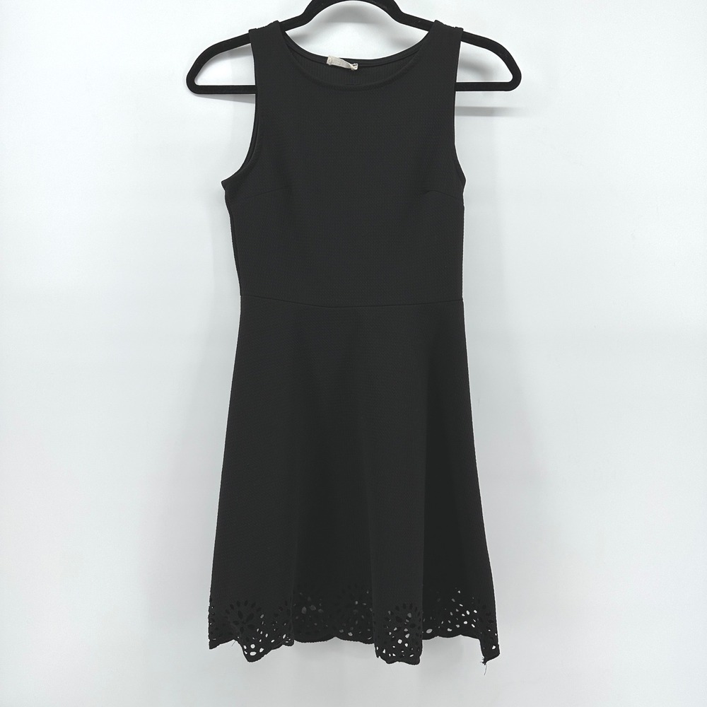Peach Royal Black Skater Dress Laser Cut Eyelet Hem Textured Mini Sleeveless S